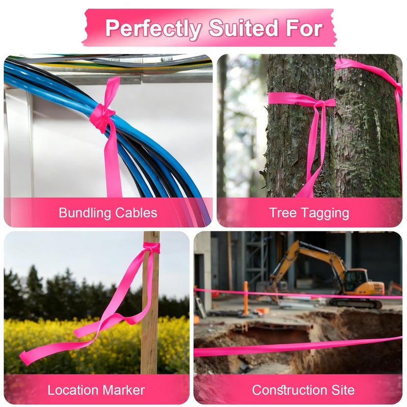 Rindion 6 Rolls Pink Flagging Tape, 0.7in X 98.4ft(Total 590.4ft) Non-Adhesive Neon Marking Tape, Plastic Survey Ribbon Rolls for Location Marking, Cable Bundling, Tree Labeling, Hunting, Construction Sites - Image 5